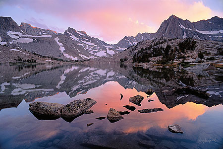 Red Clouds & Clyde Spires Reflected In Moonlight Lake